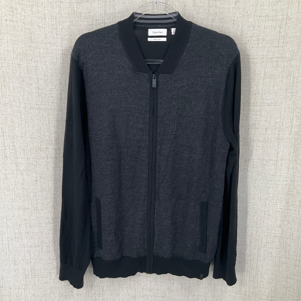 Calvin Klein Full Zip Sweater Men L Black Wool Italian Yarn Bomber Minimalist